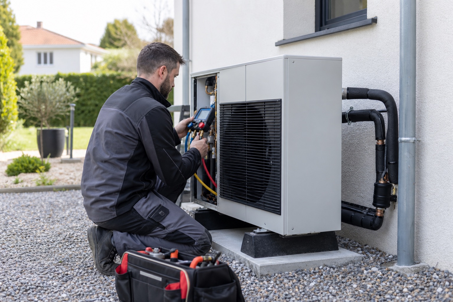 Installateur contrôlant une pompe à chaleur air-eau