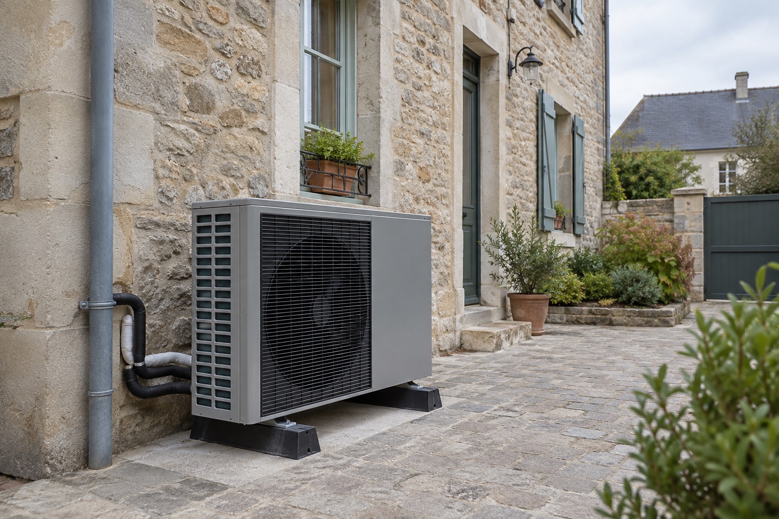 Pompe à chaleur installée près d’une maison rénovée